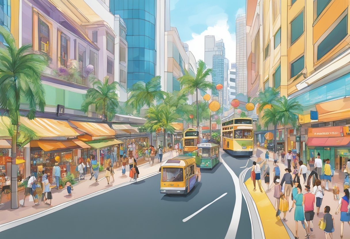 Orchard Road, Lucky Plaza, Singapore: bustling street, colorful storefronts, palm trees lining the road, bustling with shoppers and tourists
