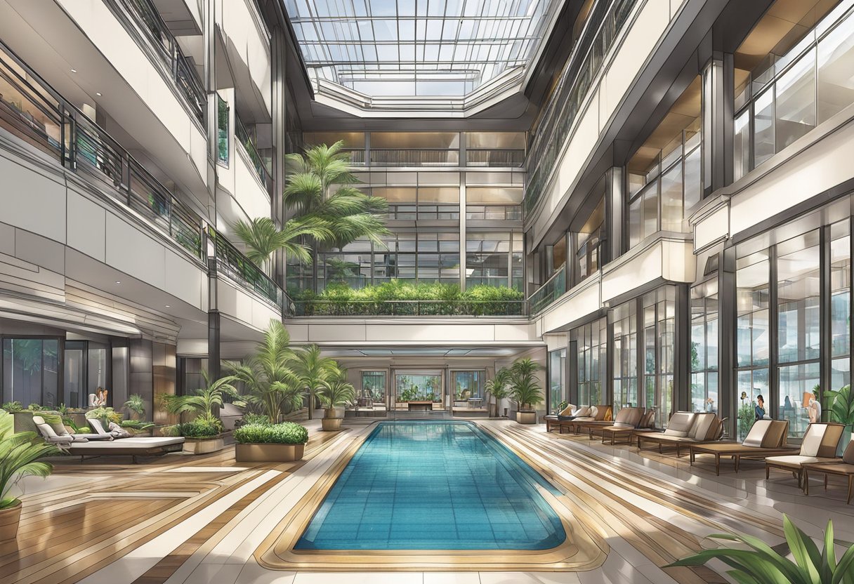 The Sheraton Towers Singapore features luxurious accommodations and top-notch amenities, including a grand lobby, spacious rooms, a swimming pool, and a fitness center