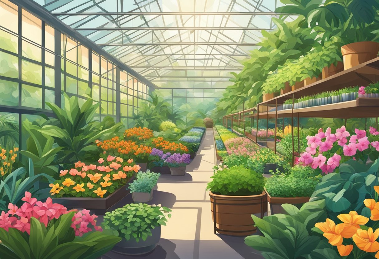 Lush greenery fills the plant nursery in Singapore, with rows of vibrant flowers and thriving tropical plants, surrounded by sunlight and the gentle hum of nature