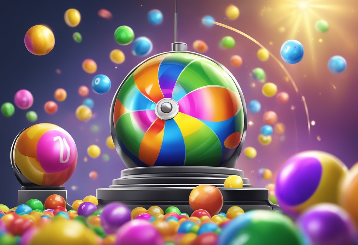Colorful lottery balls spill from a spinning machine as prizes and results are displayed on a digital screen