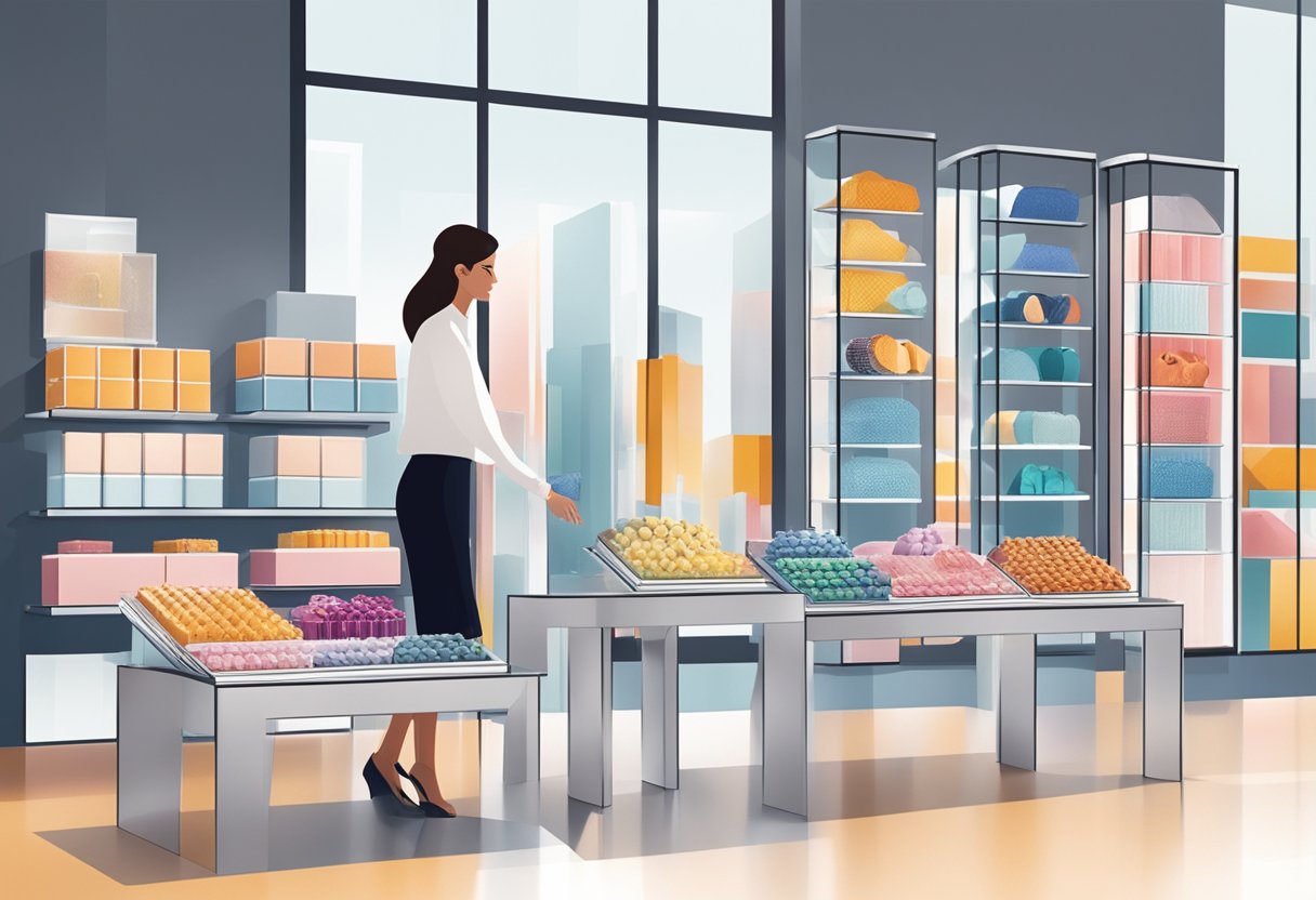 A person carefully choosing from an array of elegant corporate gifts on a sleek, modern display table in a well-lit showroom