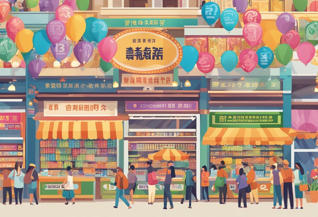 A colorful, bustling marketplace with people eagerly purchasing lottery tickets from vendors. Brightly lit signs and banners display "Frequently Asked Questions Singapore Lottery."