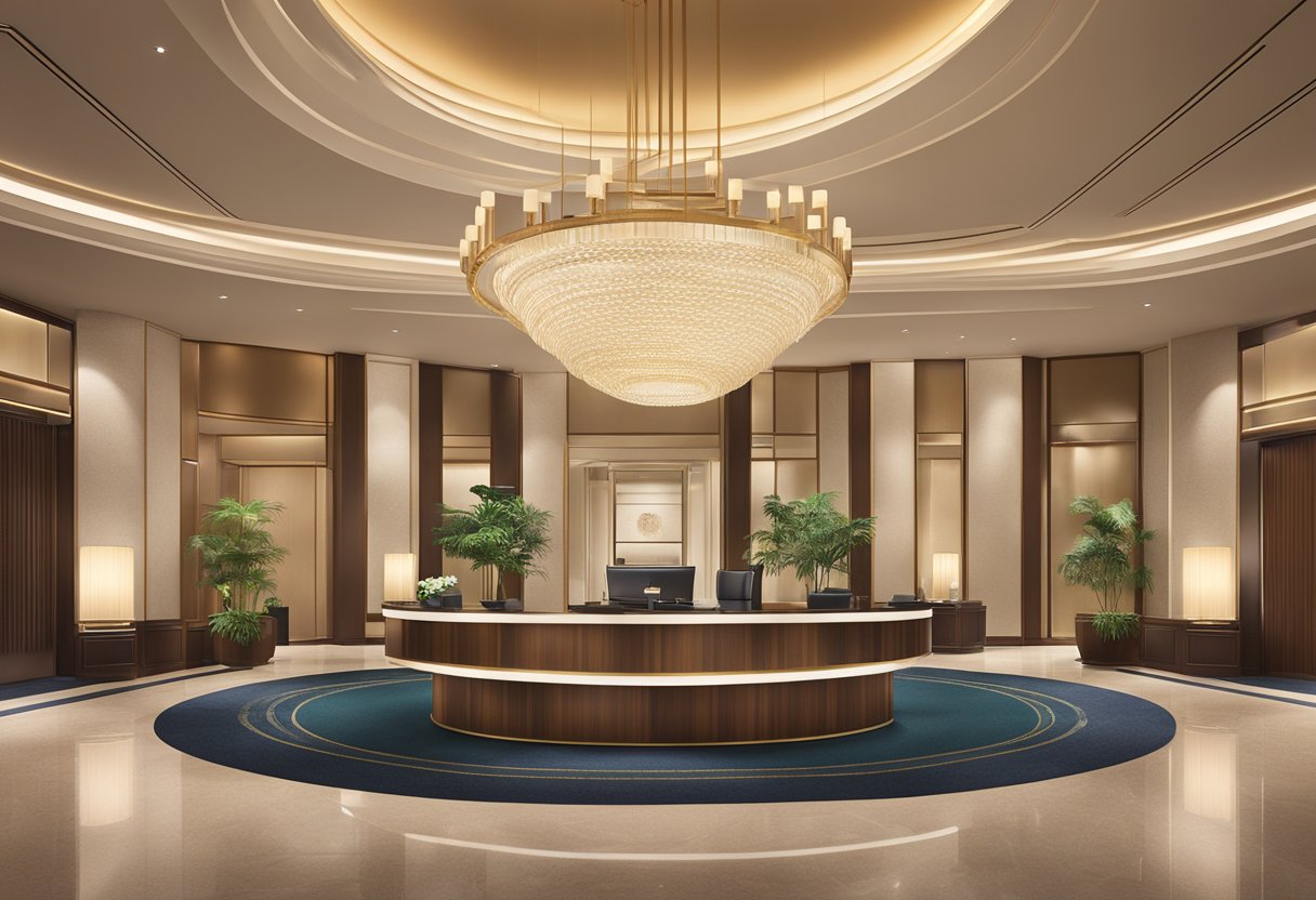 The lobby of Sheraton Towers Singapore, with a front desk, seating areas, and a concierge desk, all surrounded by elegant decor and soft lighting