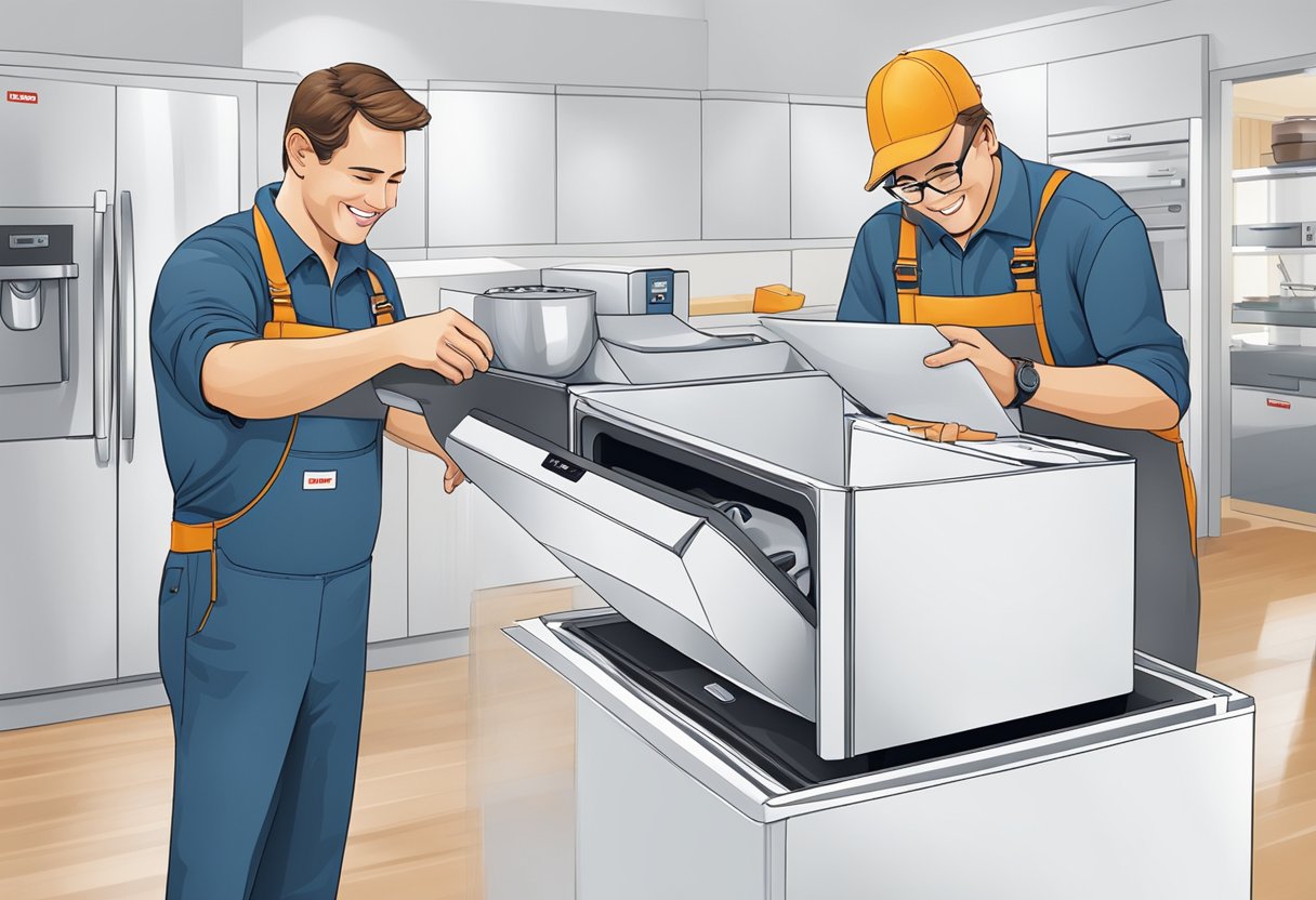 A smiling customer unpacks a newly delivered Miele appliance, while a service technician performs a thorough check in the background