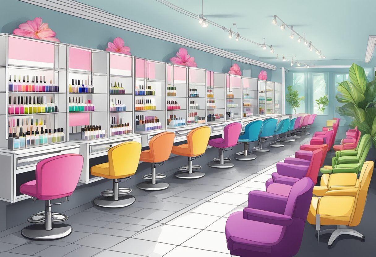 A bustling nail salon in Singapore, with rows of colorful polish, comfy chairs, and skilled technicians at work