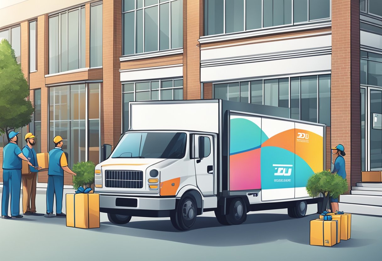 A delivery truck parked outside a corporate office, with employees unloading boxes of branded gifts