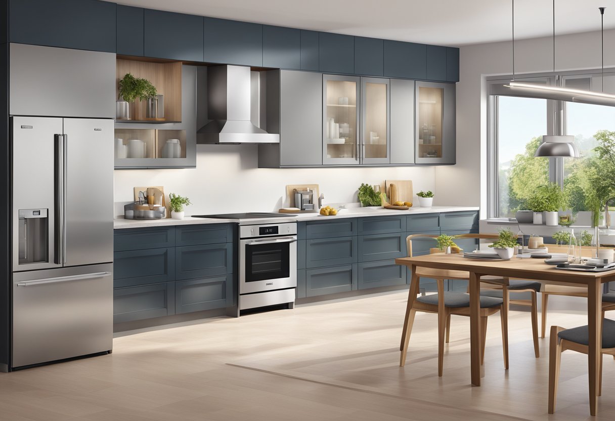 A brightly lit room with a modern, sleek Miele appliance as the focal point, surrounded by a clean and organized space