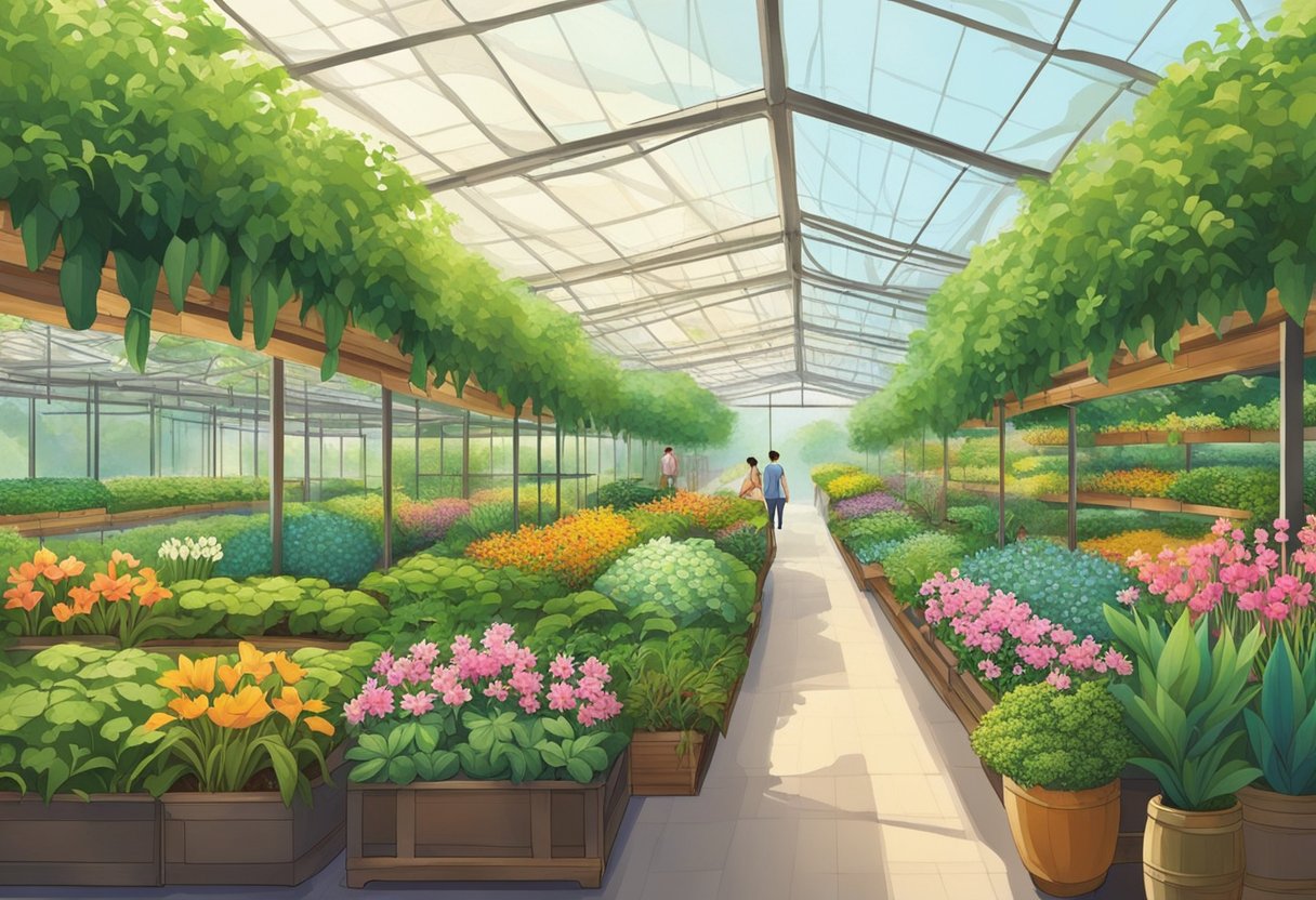 Vibrant greenery fills the Singapore plant nursery, with rows of exotic plants and colorful flowers. The air is filled with the sweet scent of blooming flora, and the sound of birds chirping adds to the peaceful atmosphere