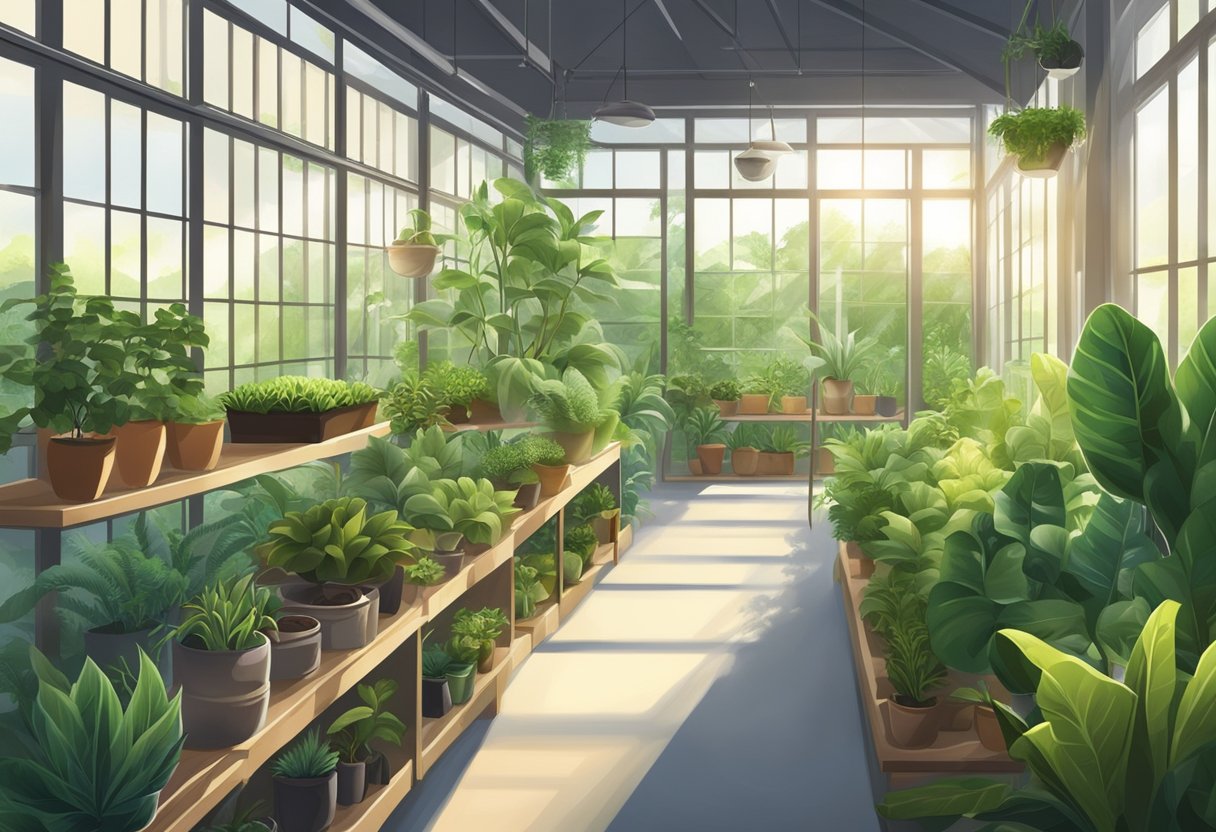 Lush green plants arranged neatly on shelves, with sunlight streaming through the windows of a cozy plant nursery in Singapore