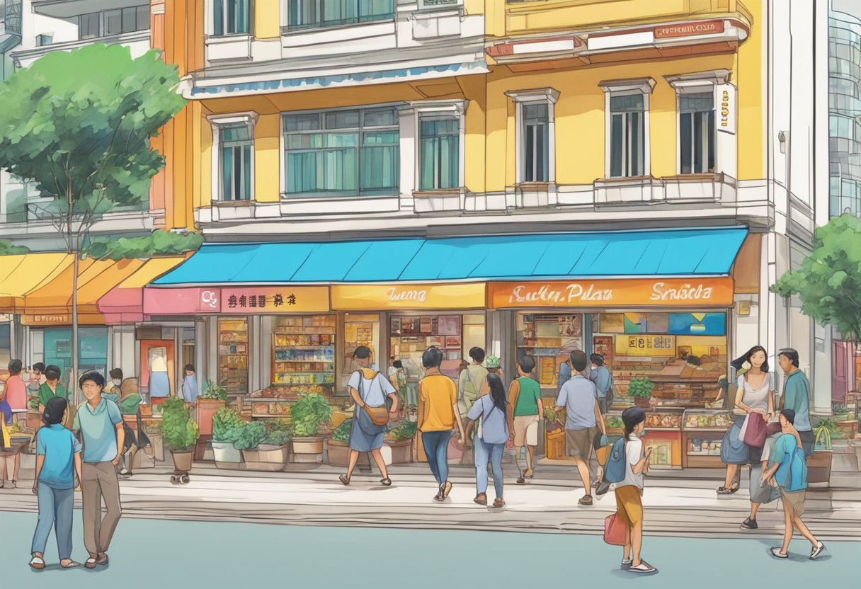 People strolling past shops, restaurants, and colorful signs at Lucky Plaza on Orchard Road, Singapore