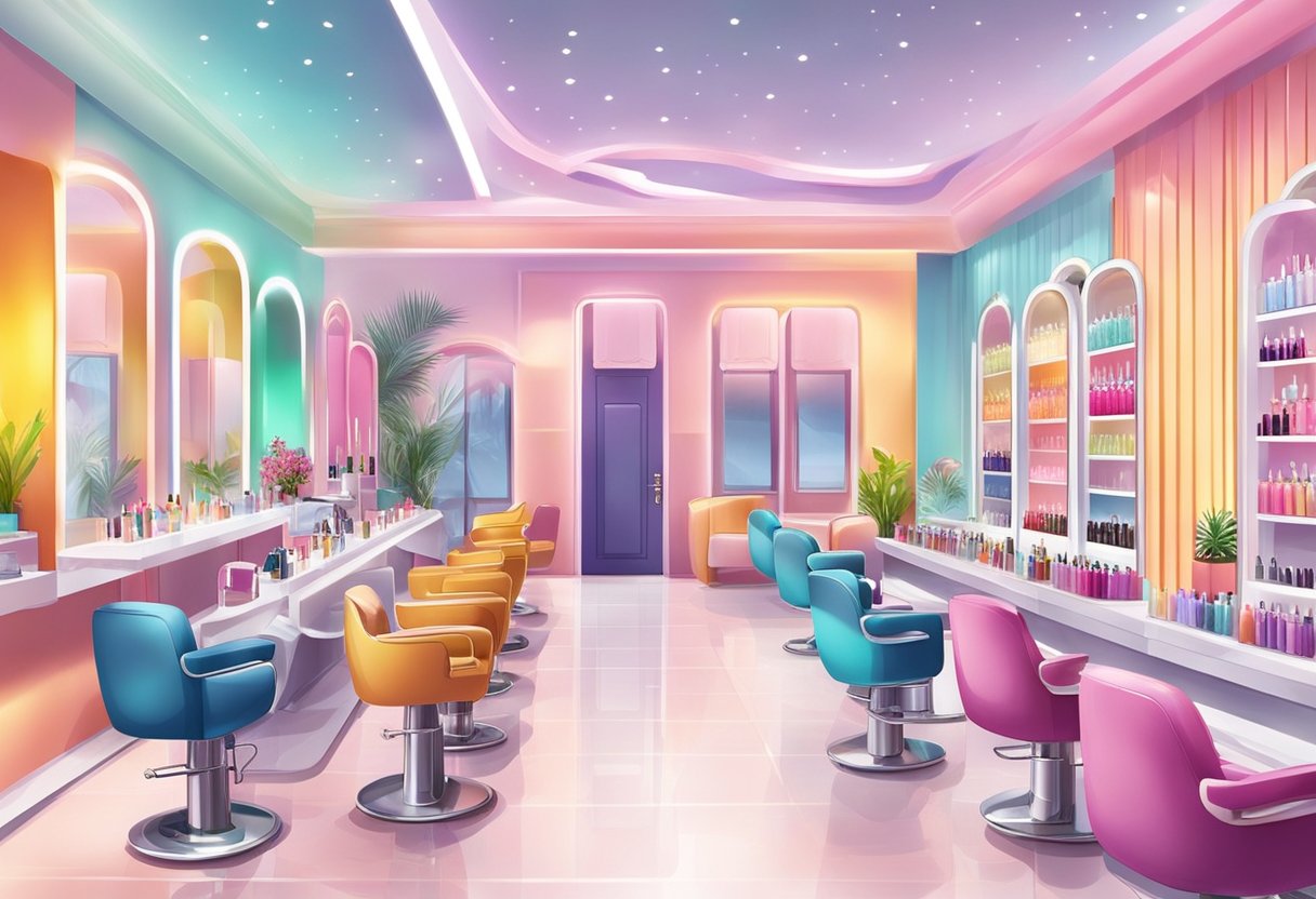 A colorful nail salon in Singapore with various stations for manicures, pedicures, and nail art. Bright lights and modern decor create a welcoming atmosphere