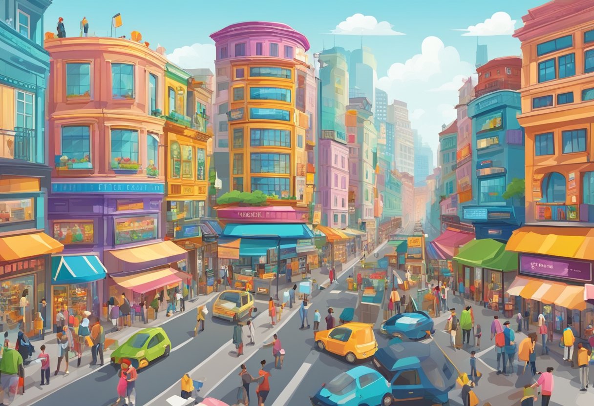 Busy street with colorful shops and bustling crowds. Tall buildings line the road, with bright signs and billboards. Traffic and people fill the scene