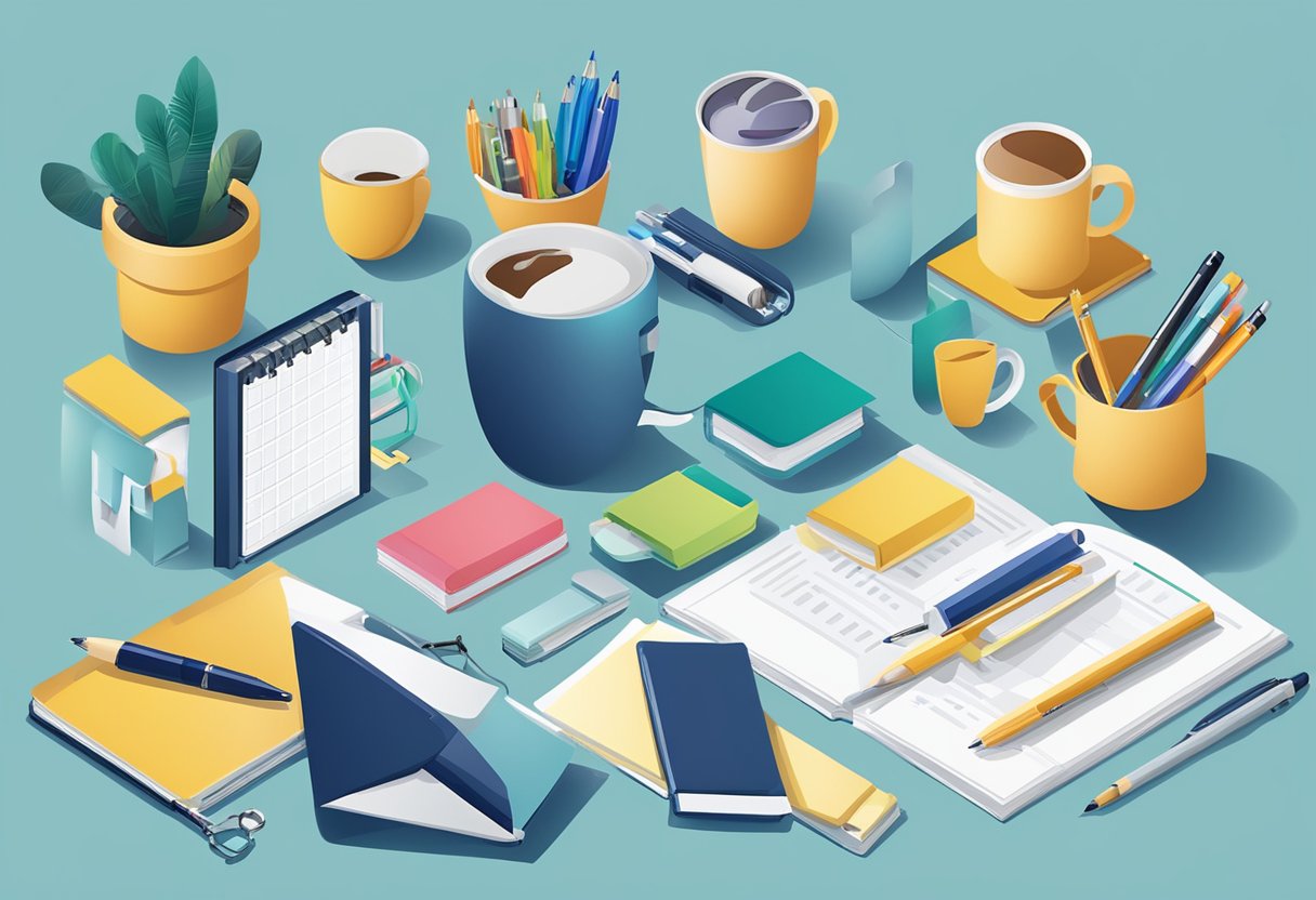 A table with various corporate gifts like branded pens, mugs, and notebooks displayed. A banner with "Frequently Asked Questions corporate gifts Singapore" hangs above