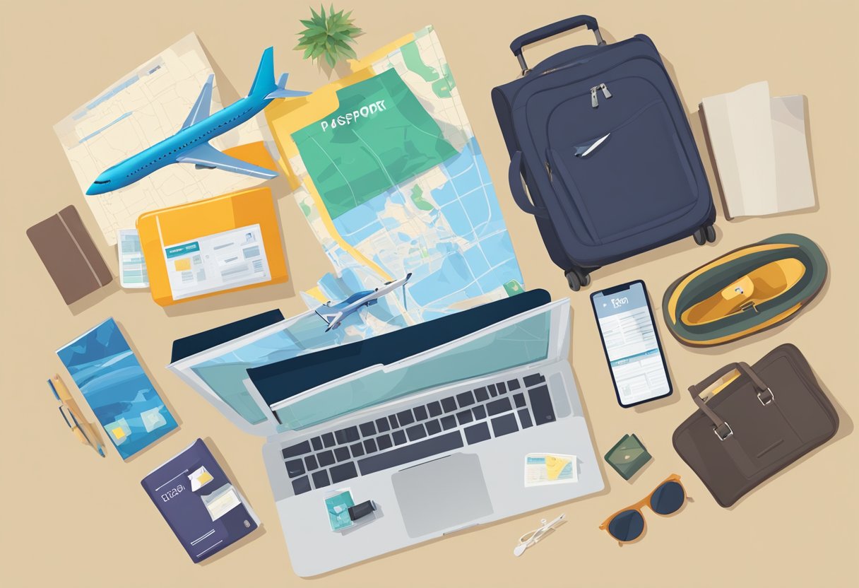 Passport, map, and plane ticket laid out on a table. Suitcase open with clothes spilling out. Laptop displaying flight options