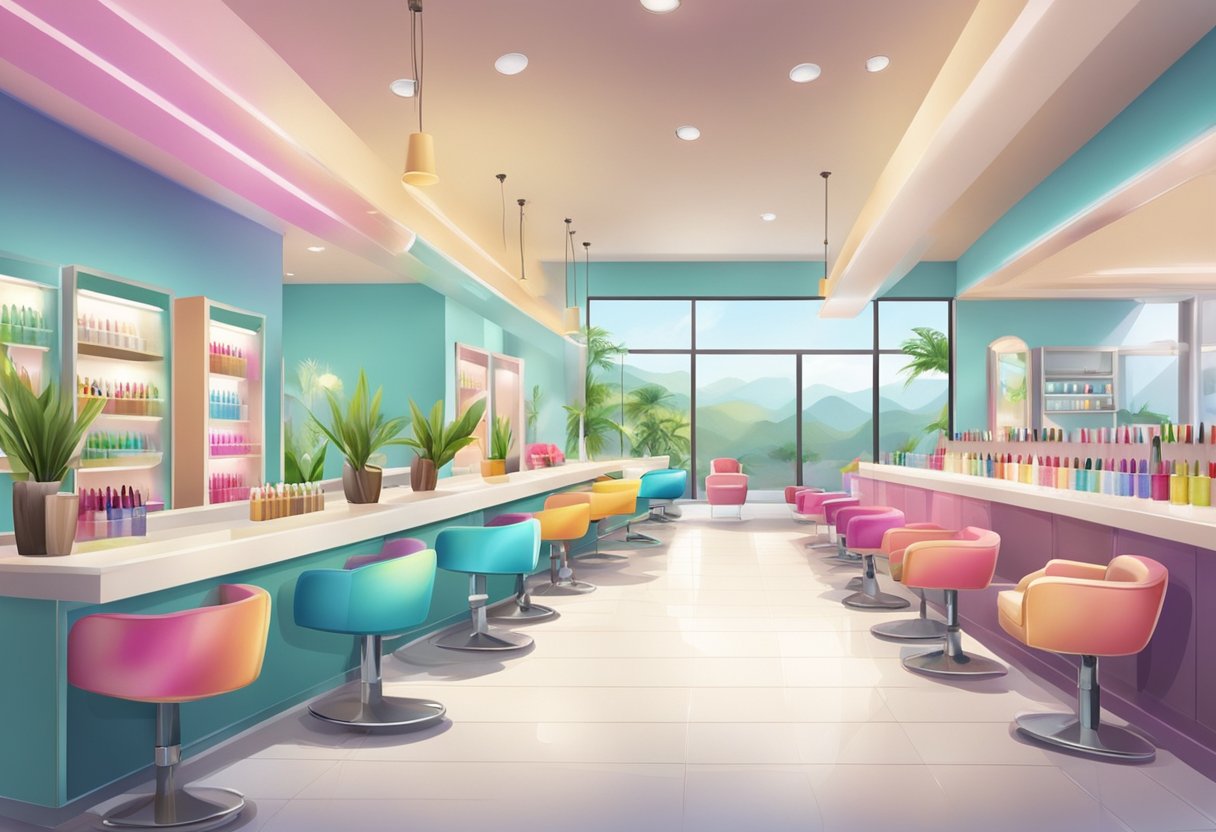 A bright, clean nail salon with a variety of colorful polishes and comfortable seating. Friendly staff greet customers as they enter