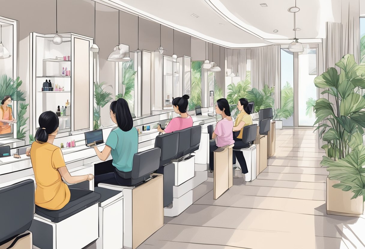 Customers waiting in a modern, bright nail salon in Singapore. A receptionist greets them as technicians work on manicures and pedicures