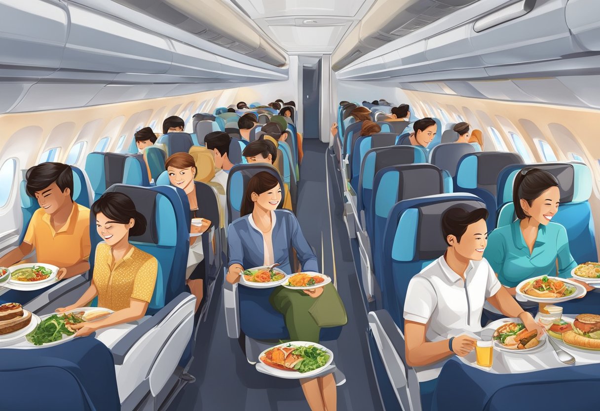 Passengers enjoying meals, entertainment, and comfortable seating on a modern airplane flying from Singapore to Jakarta