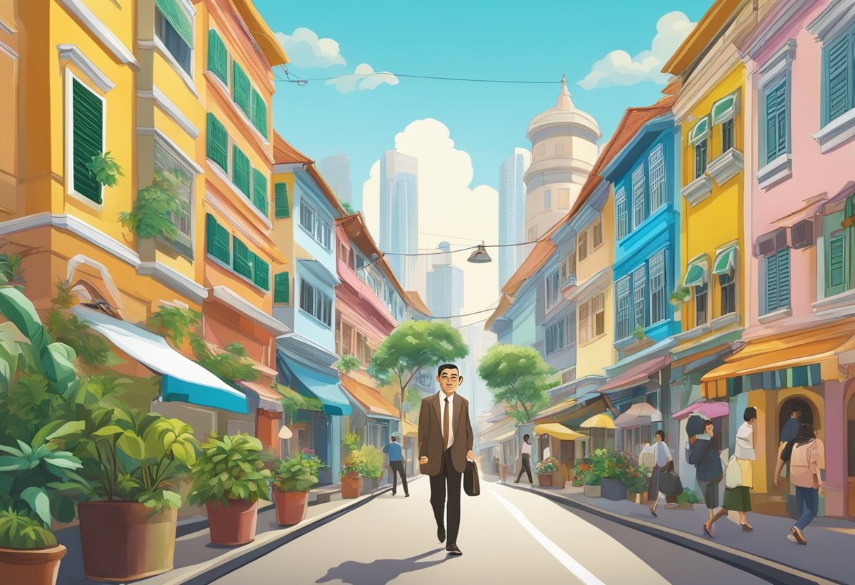 Mr. Bean strolling through the bustling streets of Singapore, surrounded by colorful buildings and exotic plants