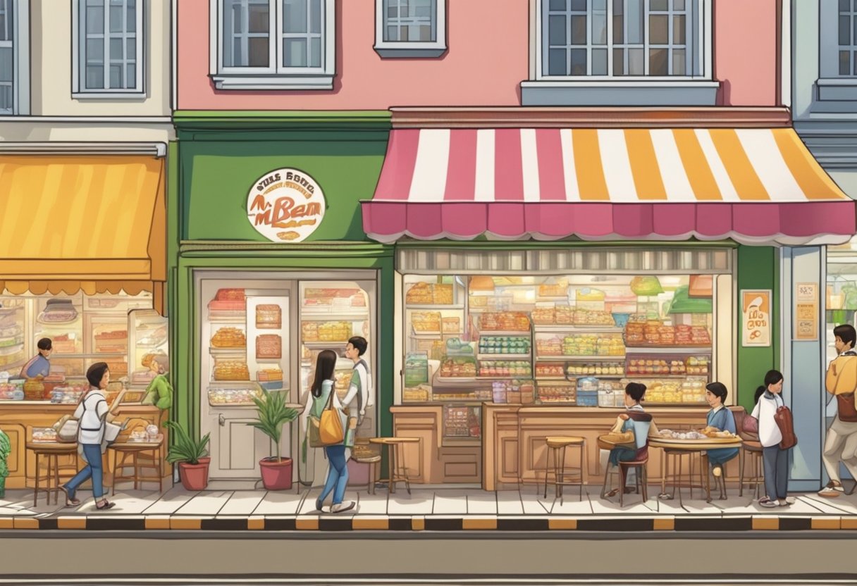 A bustling Mr Bean store in Singapore, with a colorful array of fresh soy milk, pancakes, and other delightful offerings on display