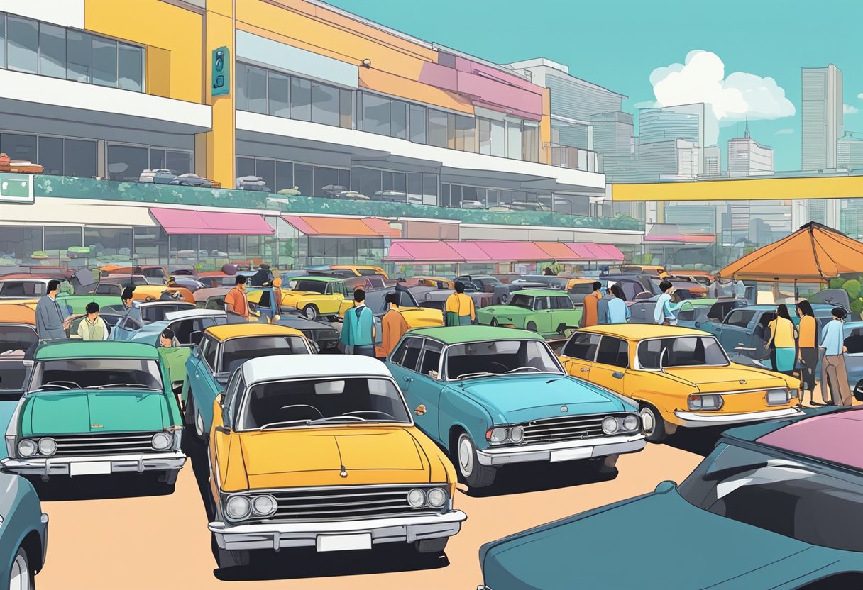 A bustling used car lot in Singapore, with rows of vehicles in various colors and models, salesmen chatting with potential customers, and a bright sign advertising deals