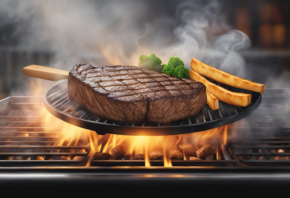 A sizzling steak on a hot grill, surrounded by a cloud of smoke, with a backdrop of a bustling Singaporean steakhouse
