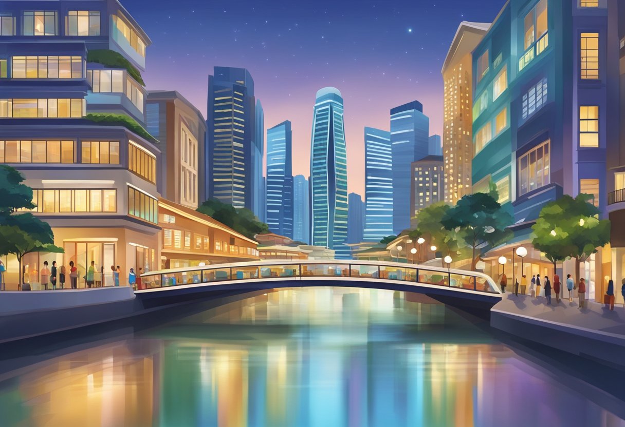 The Singapore River cruise glides past colorful shophouses and modern skyscrapers, reflecting their lights on the calm water