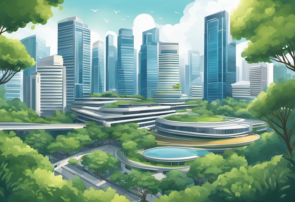 The iconic skyline of Singapore featuring the towering architecture of the ASUS headquarters, surrounded by modern buildings and lush greenery