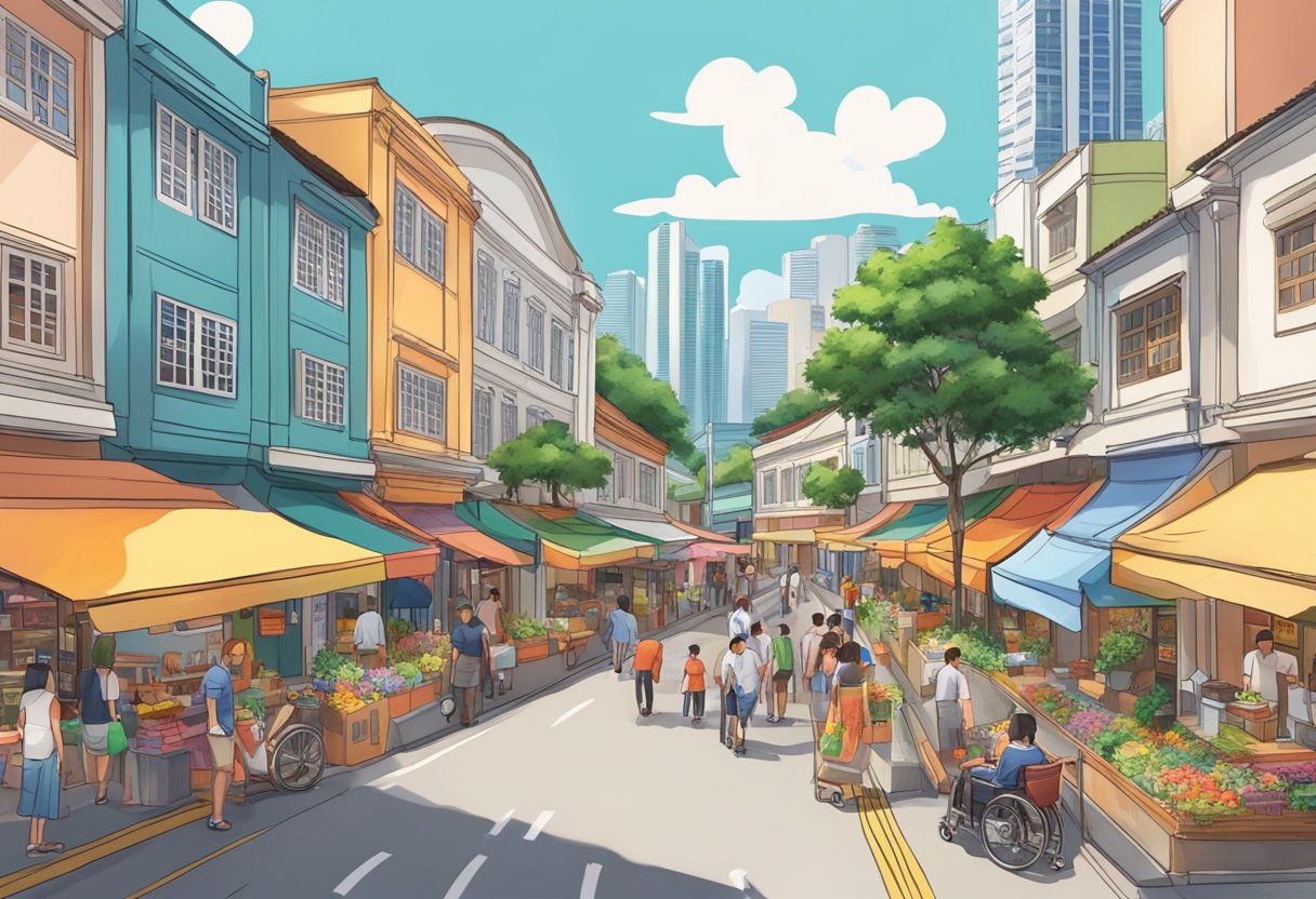 A bustling street in Singapore, with colorful shops and restaurants, accessible by wheelchair with ramps and wide sidewalks