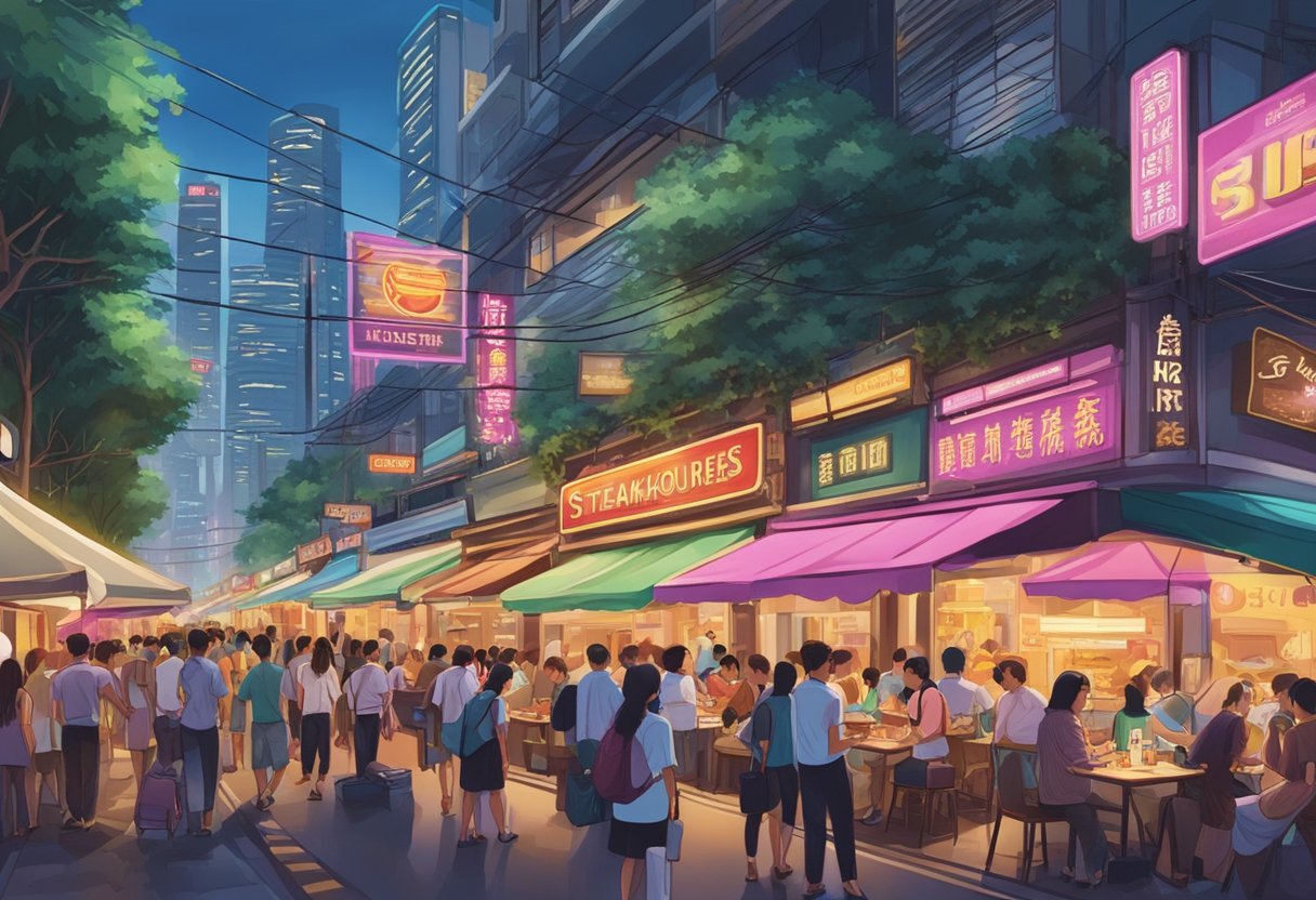 A bustling Singapore street lined with vibrant, neon-lit signs advertising the city's best steakhouses, drawing in crowds of hungry diners