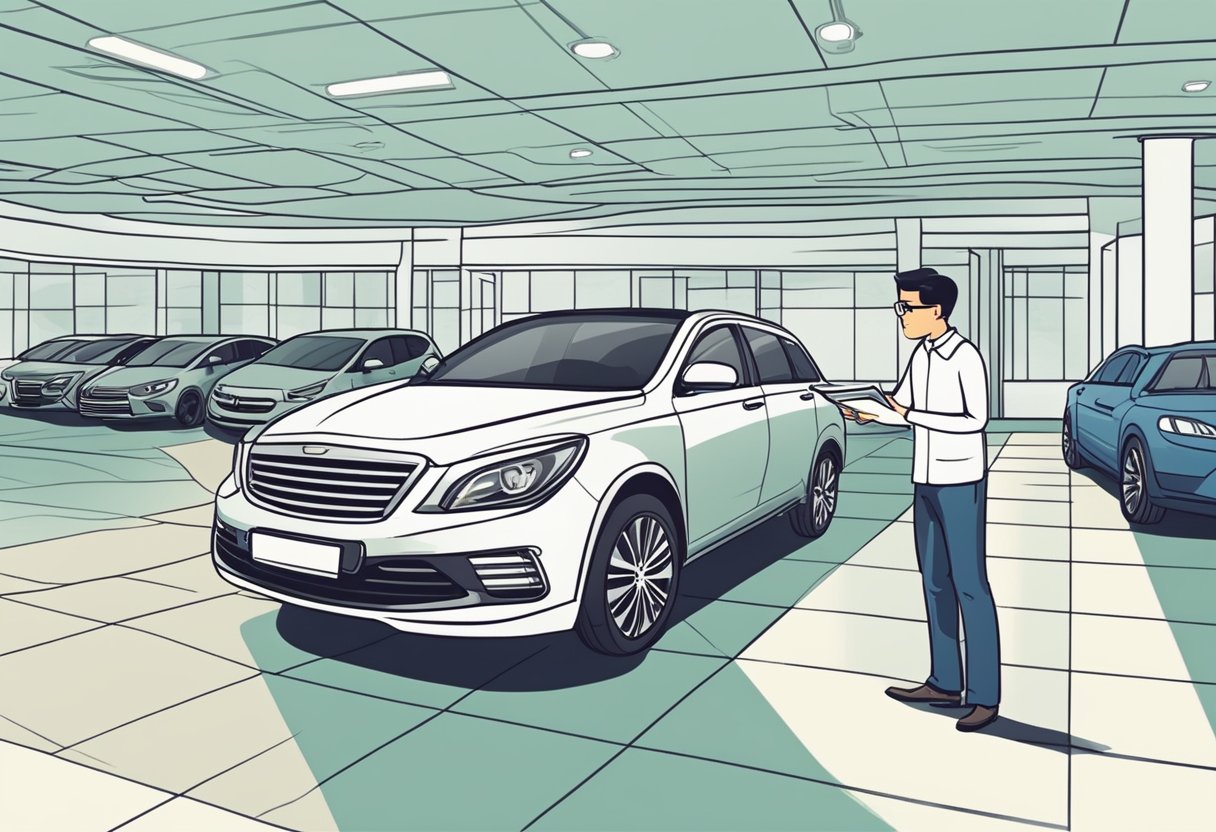 A customer inspects a used car in a dealership showroom in Singapore. The salesperson presents a guide to buying a used car