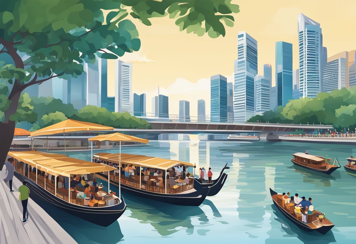 Boats cruise along the bustling Singapore River, passing by historic landmarks and modern skyscrapers, while people dine at riverside restaurants