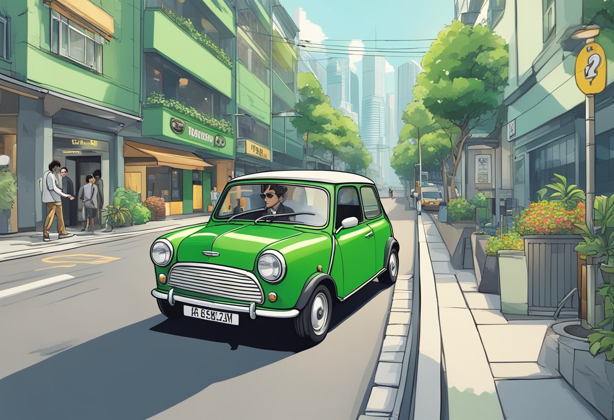 Mr. Bean's iconic green mini car parked in front of a busy Singaporean street, with a sign reading "Frequently Asked Questions" in bold letters