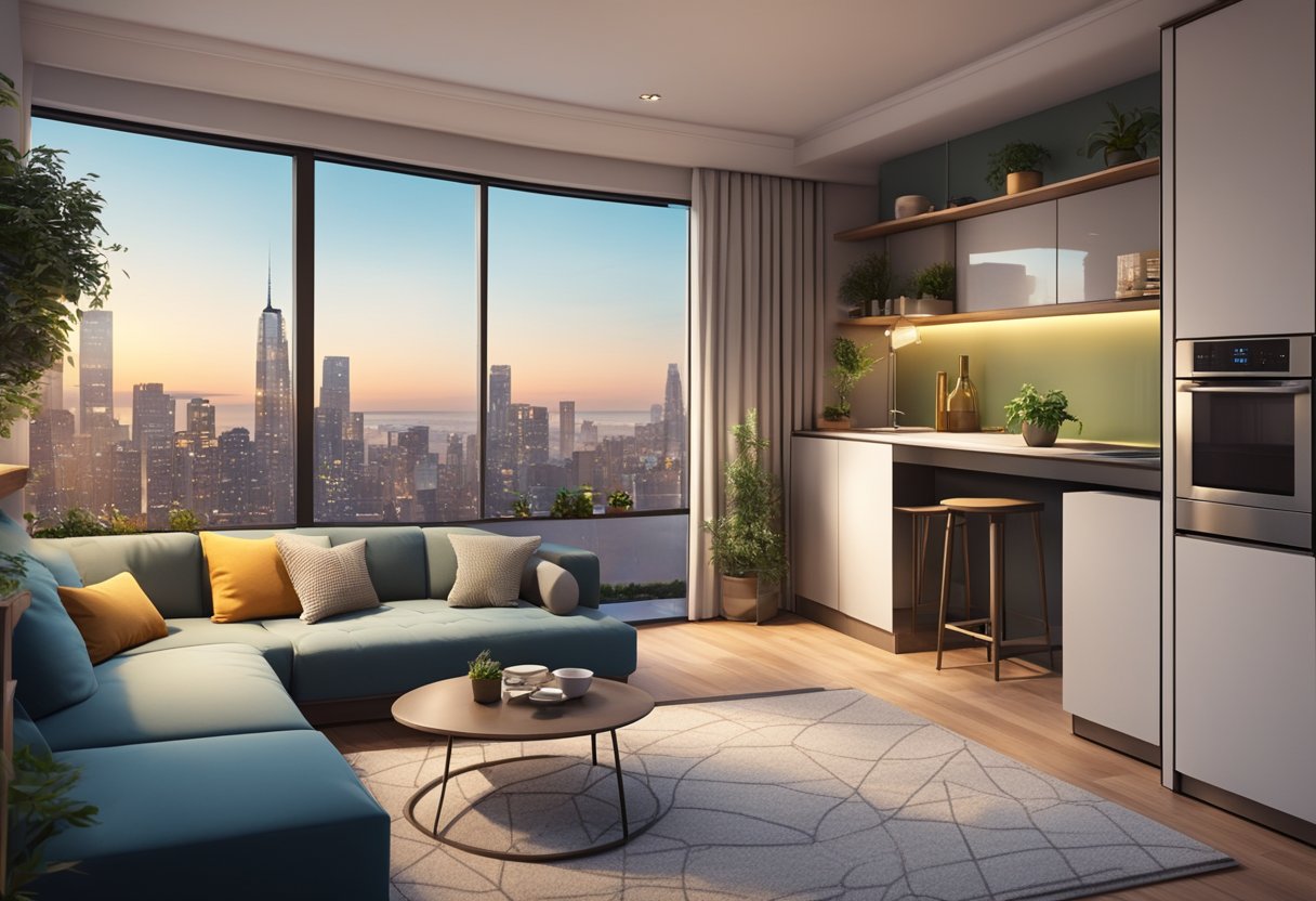A cozy studio apartment with a modern kitchen, a small dining area, a comfortable living space, and a separate sleeping area with a large window offering a view of the city skyline