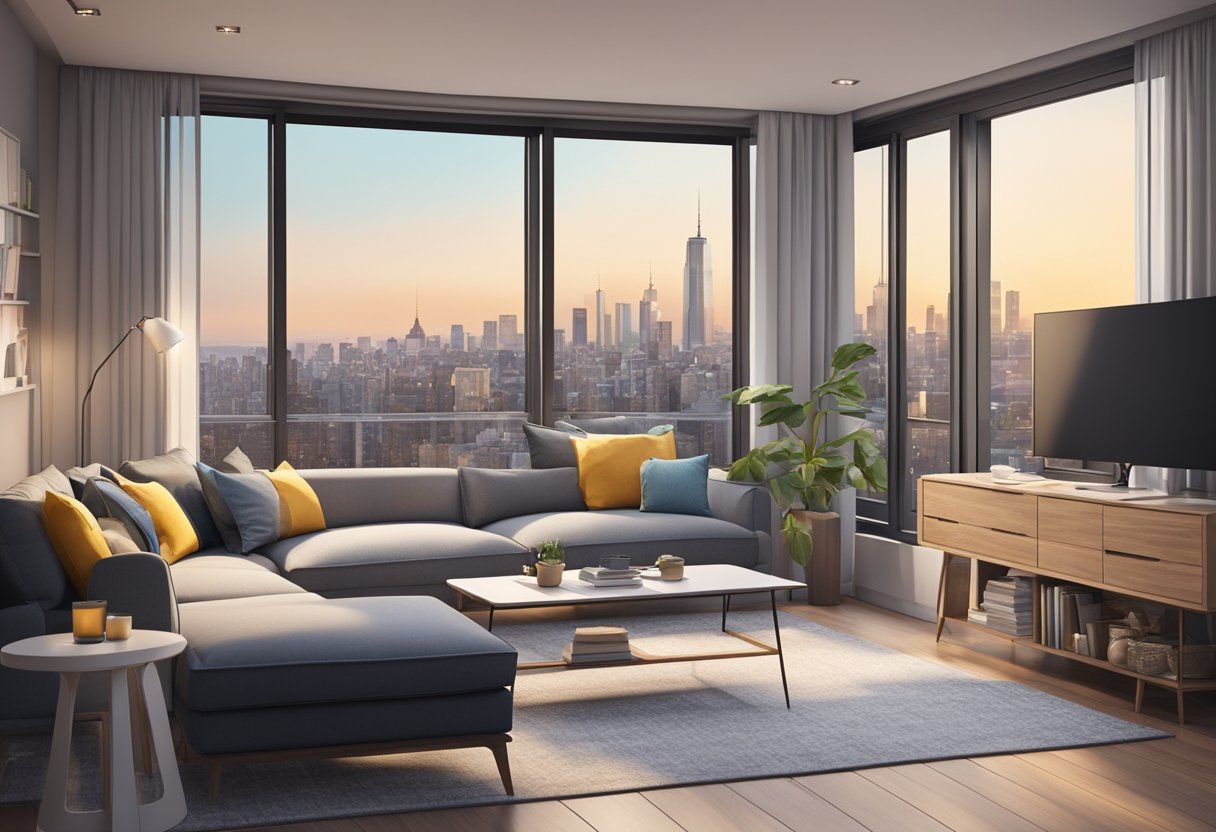 A cozy studio apartment with modern furnishings and large windows overlooking the city skyline