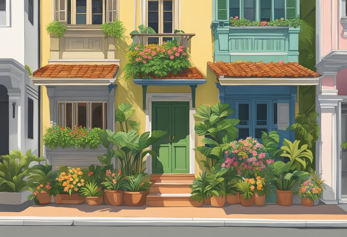 Lush greenery surrounds a traditional shophouse in Singapore, with vibrant flowers and tropical plants adorning the exterior. The sun casts a warm glow over the colorful buildings, creating a picturesque scene