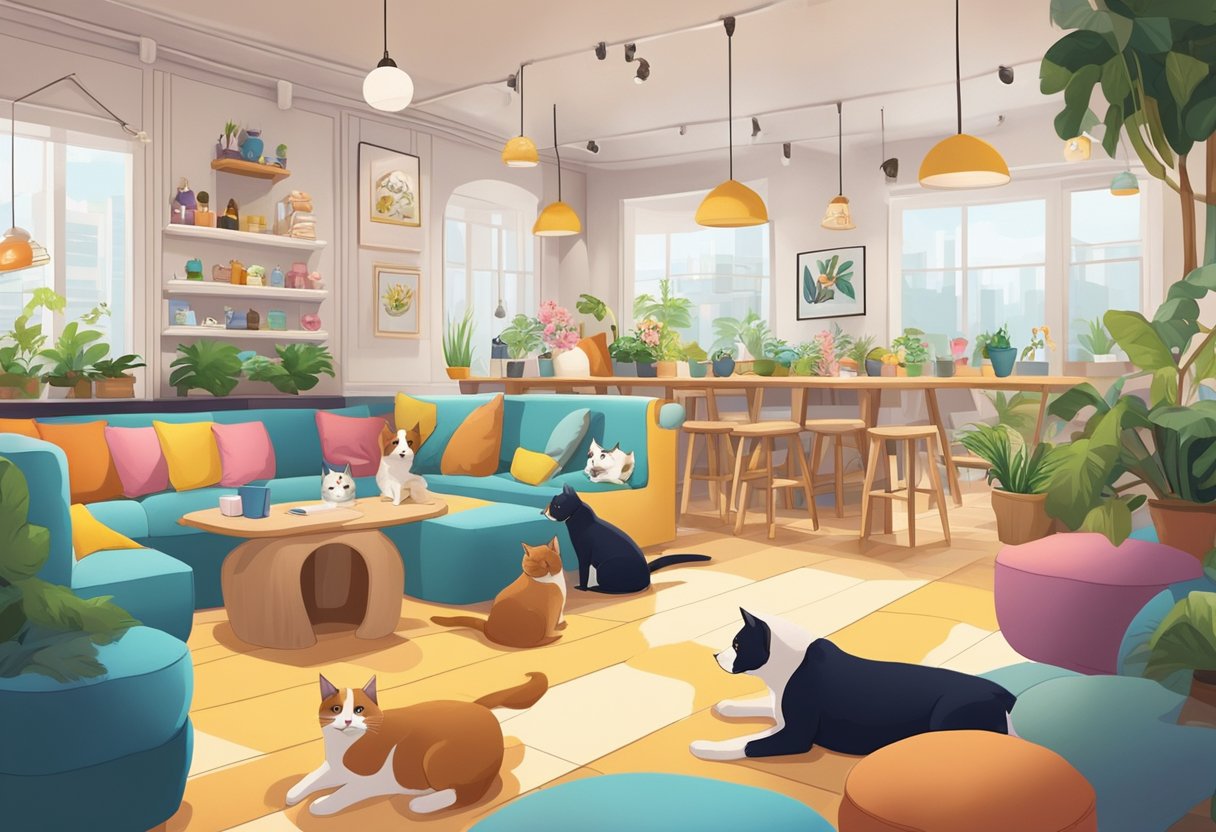 Cats and dogs mingle at a cozy pet cafe in Singapore, lounging on plush cushions and playing with toys. The space is filled with colorful pet-friendly decor and a welcoming atmosphere