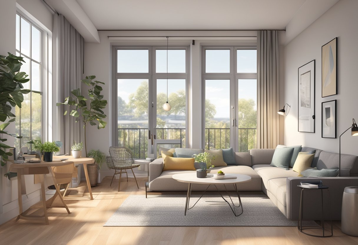 A cozy studio apartment with modern furnishings, large windows letting in natural light, and a functional layout maximizing space