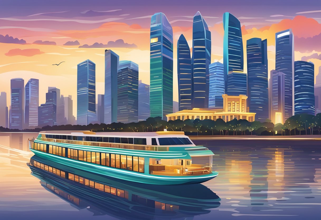 A colorful river cruise boat glides past Singapore's iconic skyline, with towering skyscrapers and vibrant city lights reflecting on the calm waters below