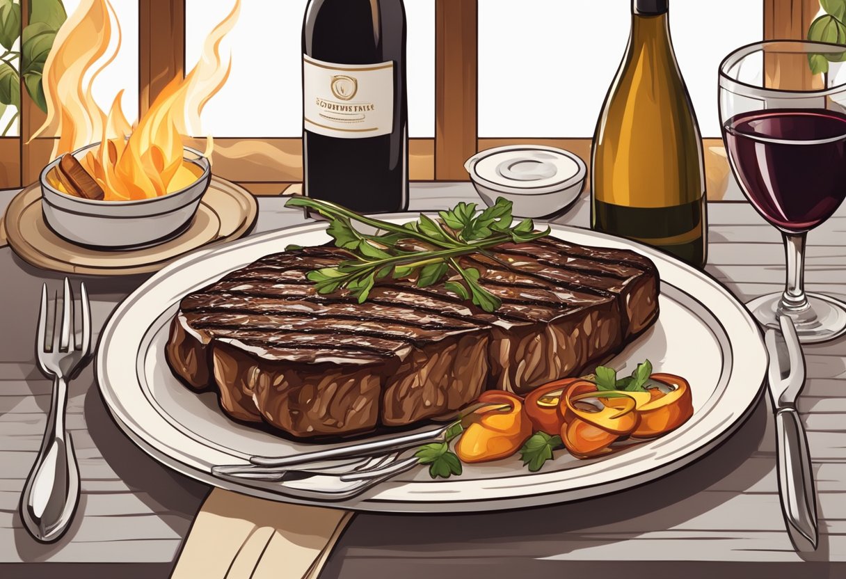 A sizzling steak on a hot grill, surrounded by flames. A table set with elegant cutlery and a bottle of fine wine. Rich, wooden decor and dim lighting create a cozy, upscale ambiance