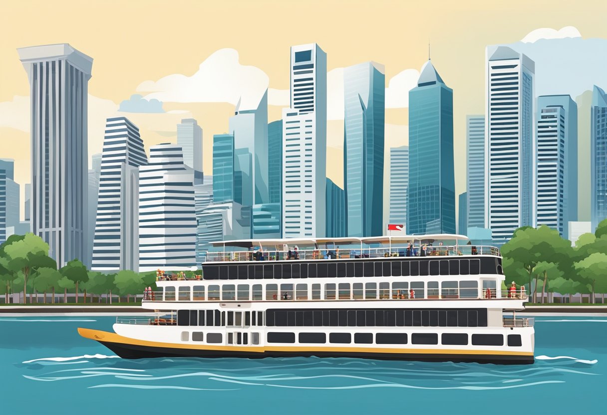 The Singapore River cruise boat glides past historic landmarks and modern skyscrapers, with bustling activity along the waterfront