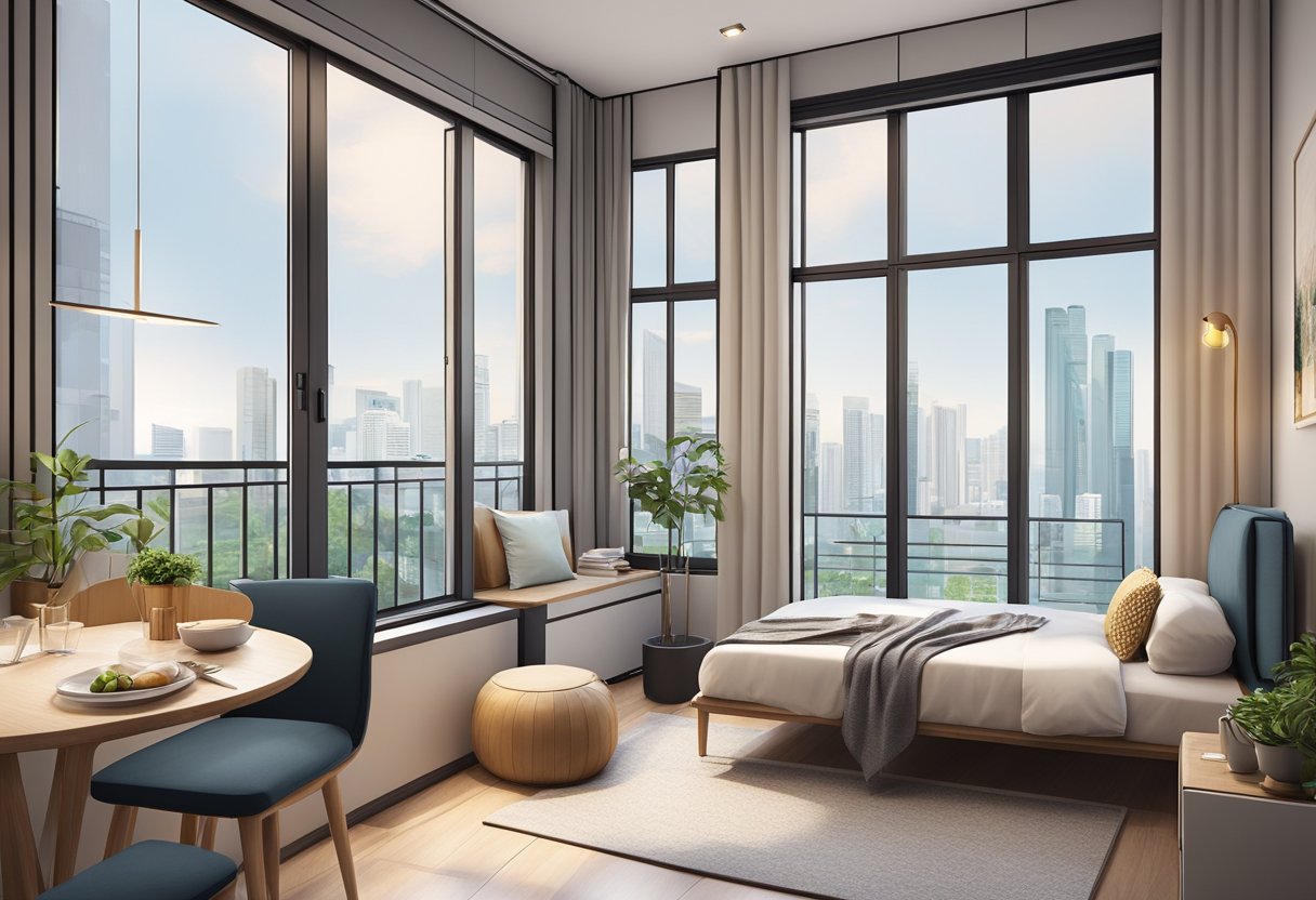 A cozy studio apartment in Singapore, featuring a compact living space, a small kitchenette, a modern bathroom, and large windows offering city views