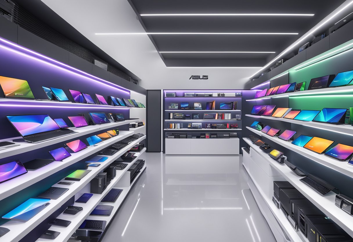 The ASUS product range in Singapore is displayed on sleek, modern shelves with vibrant LED lighting, showcasing a variety of laptops, desktops, monitors, and accessories
