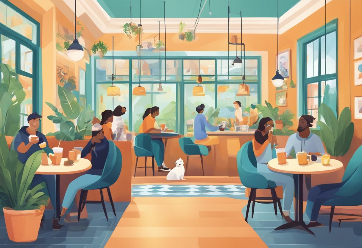 Pets wander in a vibrant, cozy cafe adorned with pet-themed decor. Customers interact with various animals as they sip on drinks and enjoy the lively atmosphere