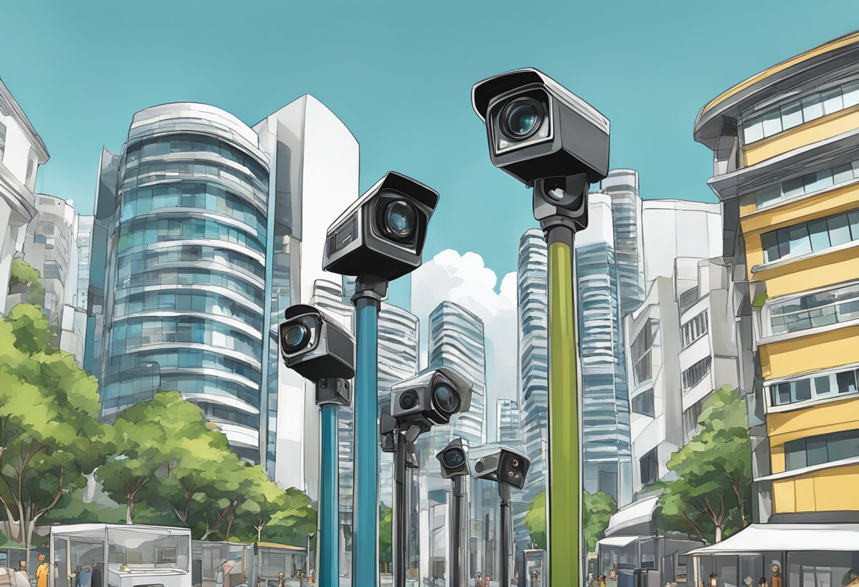 A network of custom cameras mounted on poles and buildings, overlooking streets and public spaces in Singapore