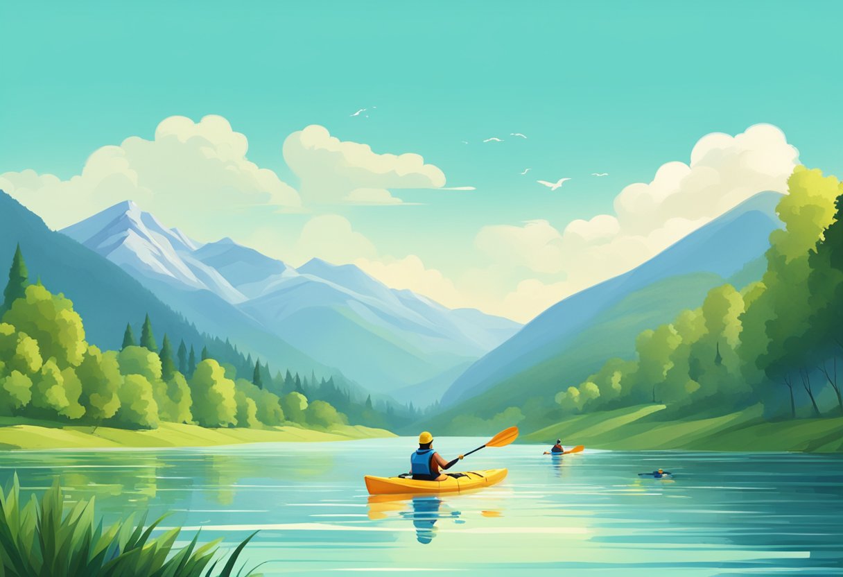 People kayaking on a serene lake surrounded by lush green mountains and clear blue skies
