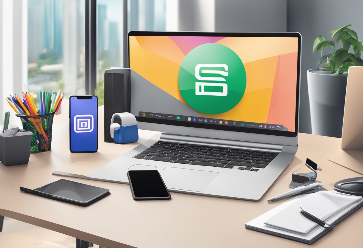 A phone with the Singapore Power logo on the screen, surrounded by a neat desk with a computer and office supplies
