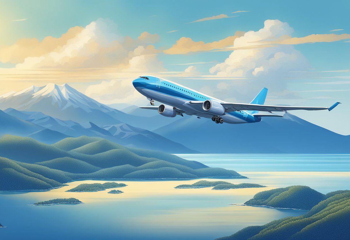 A plane flying over the sparkling blue waters of the Pacific Ocean, with the snow-capped mountains of Hokkaido in the distance