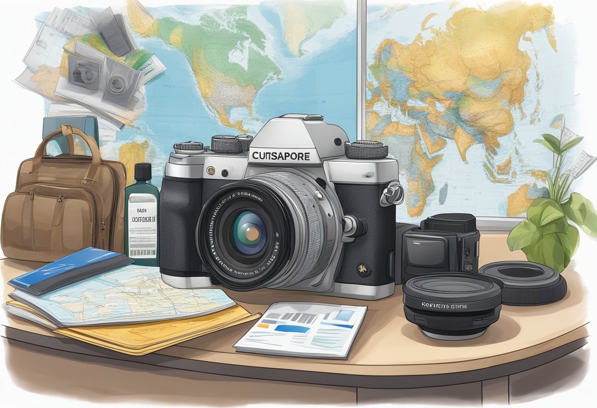 A camera on a customs desk in Singapore, with travel documents and a photography book nearby. Border crossing signs in the background