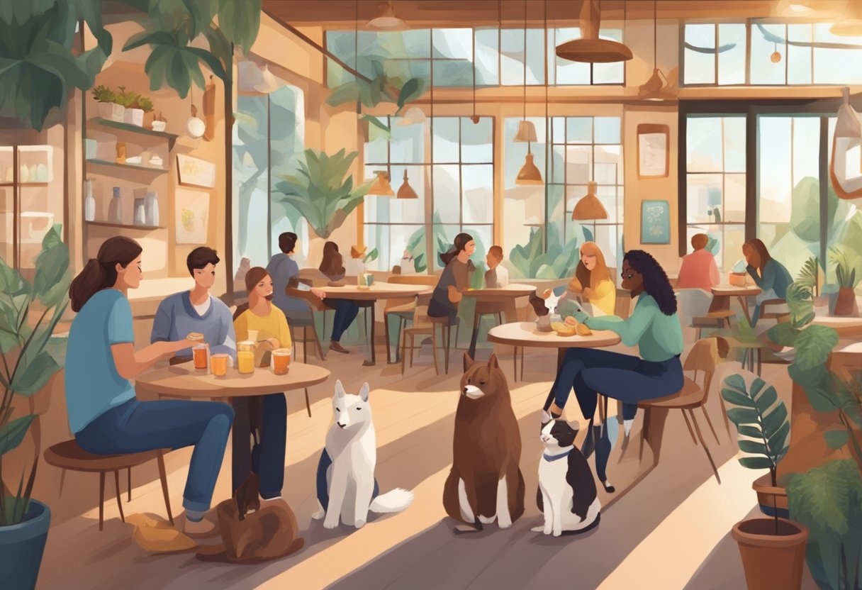 Customers interacting with various animals in a cozy cafe setting, enjoying drinks and snacks while petting and playing with the animals