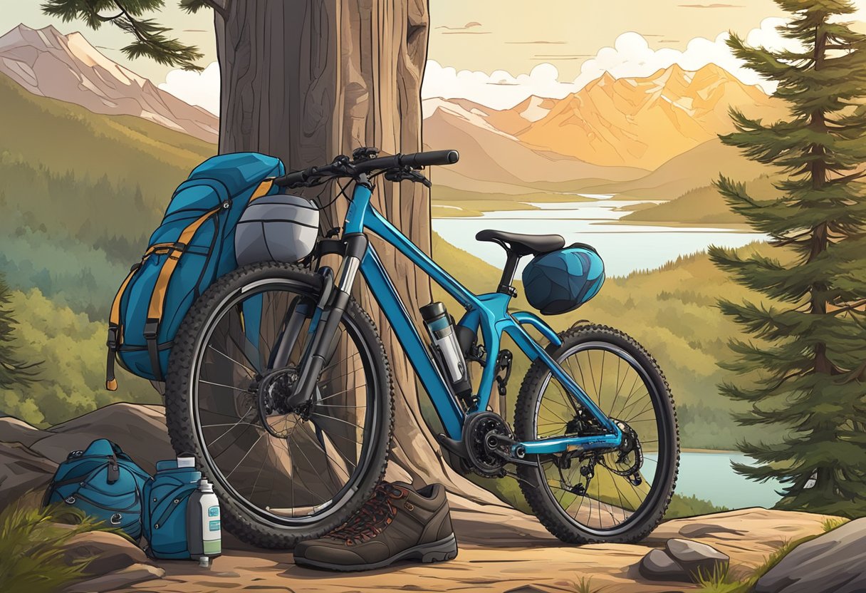 A mountain bike rests against a tree, surrounded by hiking boots, a backpack, and a water bottle, with a scenic mountain view in the background